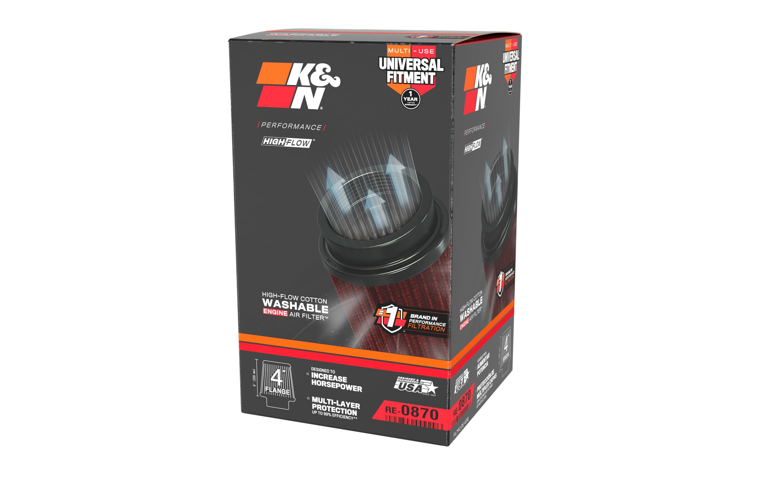 K&N High-Flow Original Lifetime Universal Clamp-On Air Filter: High Performance, Premium, Washable: Flange Diameter: 4 In, Filter Height: 9 In, Flange Length: 1.75 In, Shape: Round Tapered, RE-0870 - Image 13